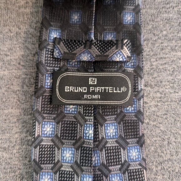 Bruno Piattelli Silk Tie, Blue/Grey/Black Geometric/Floral Pattern, 60.5" - Picture 3 of 4